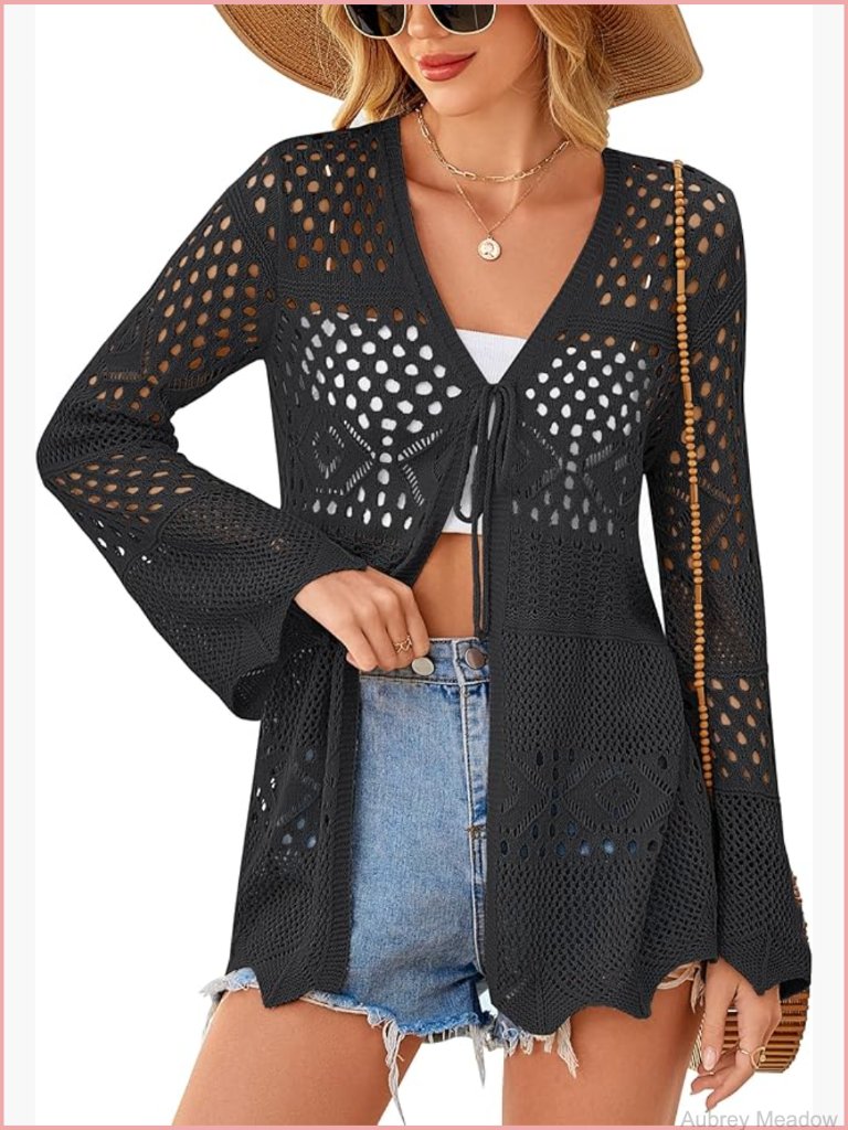 Lightweight Crochet Cardigan Tie Front Long Sleeve Knit Shrug Coverup Boho Beach